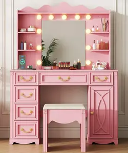 Manufactured Wood Makeup Vanity Set with LED Mirror and Outlets