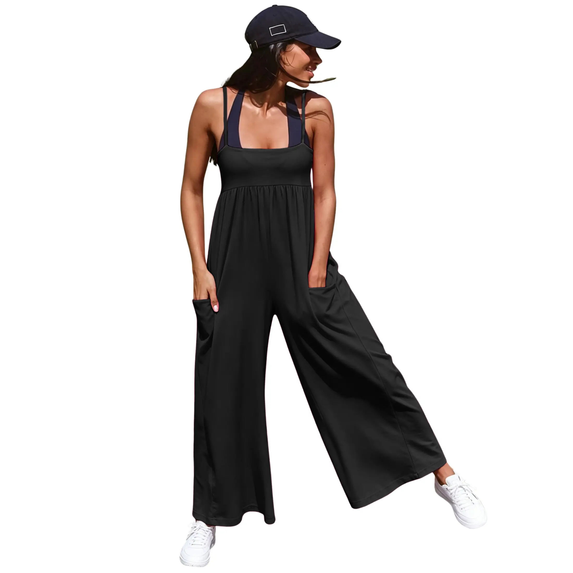 Mibbory Strappy Onesie Overalls For Women Jumpsuit 95% Cotton Loose Fit Wide Leg Adjustable Spaghetti Strap Empire Waist Pleated Slouchy with Pockets Summer Beach Vacation