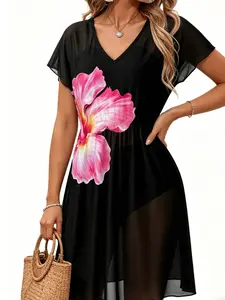 A Women's Fashionable Soft Casual Solid V-Neck Chiffon Beach Cover-Up Dress with Sheer Wrap Design, Suitable for summer, Perfect for Home, Indoor, and Outdoor Wear