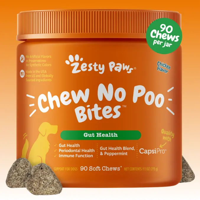 Zesty Paws Chew No Poo Bites™ for Dogs - Chicken Flavor All Natural Digestive Support Supplements with Capsimax & Probiotics