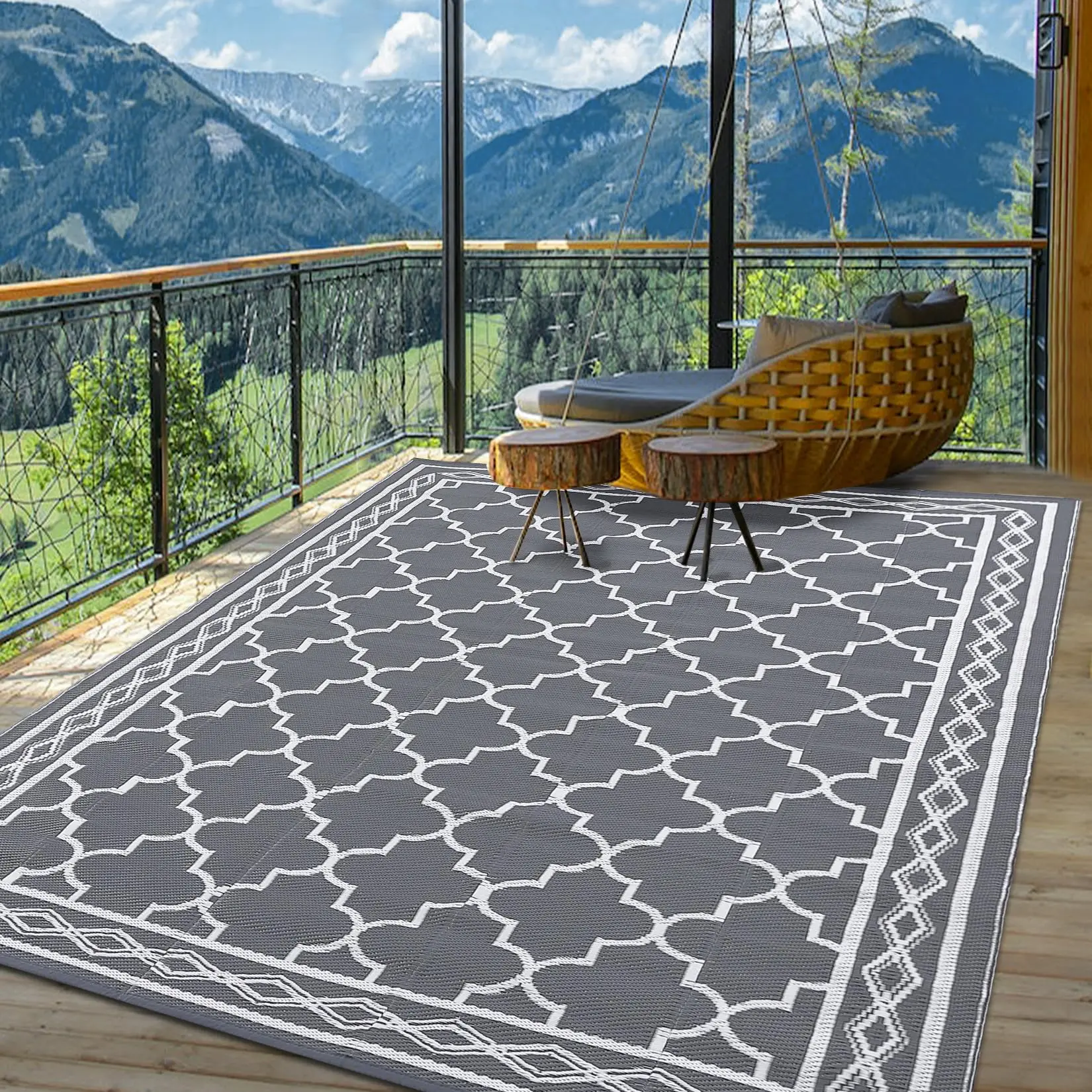 GARVEE Waterproof Outdoor Rug 8x10 Reversible Plastic Straw Mats, Modern Geometric Trellis Carpet, Large Contemporary Diamond Indoor Outdoor Patio Rug for RV Camping Picnic, Grey/White