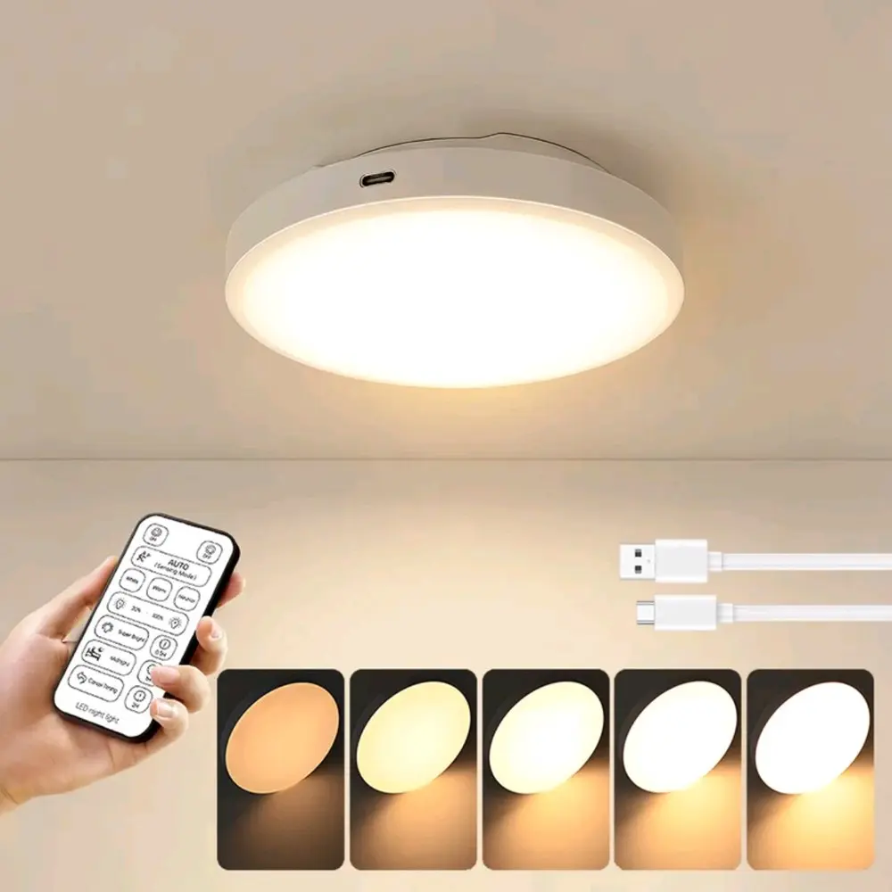 10,000mAh Ceiling Light, Led Dimmable Ceiling Lights, LED Motion Sensor Lamp, USB Charging, Backing Adhesive for Drill-Free Installation, or Screw Fixing via Drilling, Remote-Controlled Three-Colour Dimming, Suitable for Kitchen Indoor Lighting