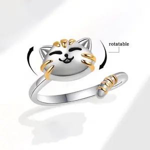 Cute Cat Anxiety Relief Spinner Ring for Cats & Owners Sterling Silver Plated Adjustable Fidget Ring Stress Boredom ADHD Autism Jewelry Stacking Gift for Pet Lovers