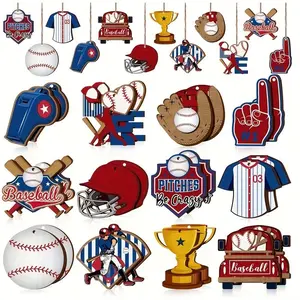 24-Piece Baseball Wooden Decor Set, Hand-Carved Ball Bat Helmet Trophy Designs, Patriotic Home Office Bedroom Party Decoration