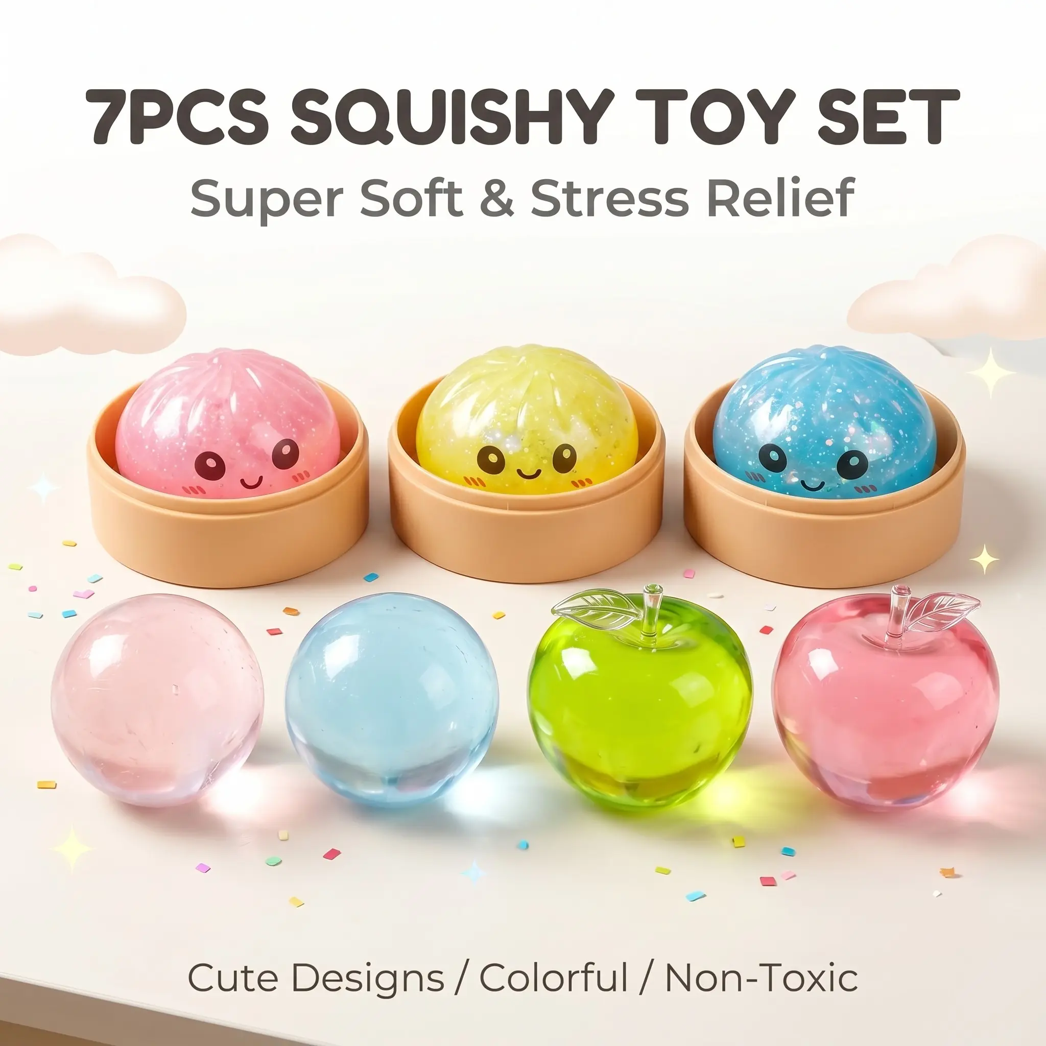 7-Piece Stress Relief Set for Adults and Kids, Slow Rise Mochi Sensory Toy, Squishy Sensory Play, Anxiety Relief Fidget Kit, Squishy Fidgets, Slow Rising Squishies, Soft Tpr Material, Perfect Gift