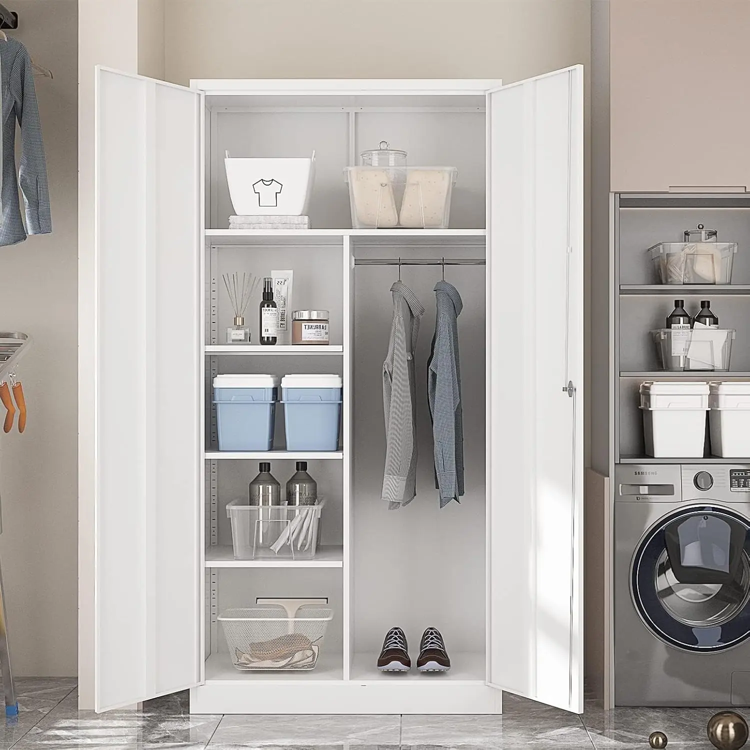 Yizosh Metal Armoire Wardrobe Closet Cabinet for Hanging Clothes with Lock Doors, -72" Steel Lockable Wardrobe Storage Locker Clothes Organizer for Bedroom, Laundry Room (White)