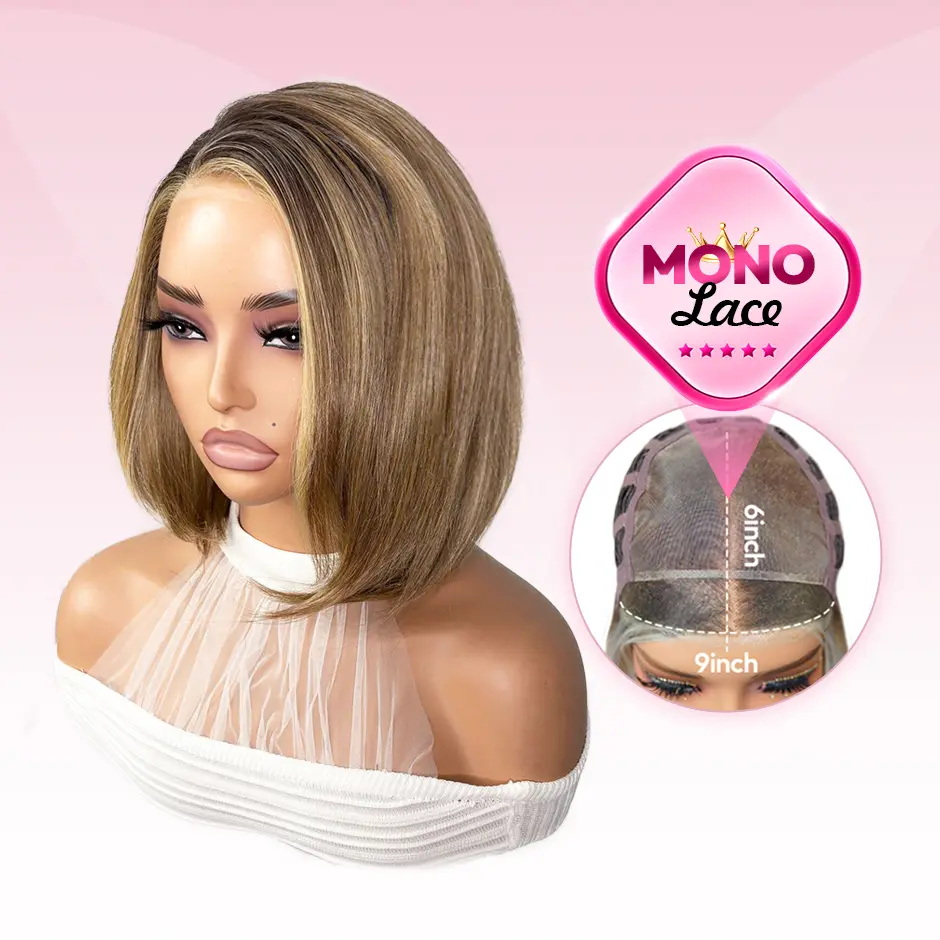 [Clair] VSIGN 9x6 Mono Lace Dark Root Chestnut Brown Caramel Balayage Classic Short Bob Wig Layerd Strigstraight Hair Glueless Snowflake Lace Wig Anti Slip Band Secure Fit Wig Cap Natural Looking Elegant Everyday Style Synthetic Wig