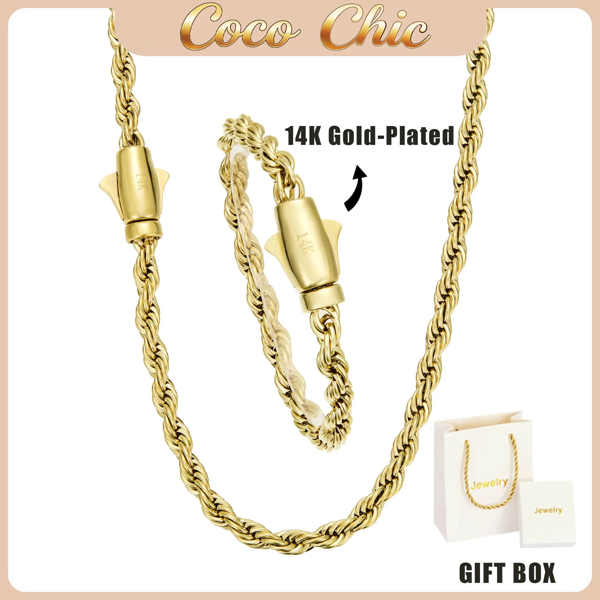 Men's Jewelry Set – 14K Gold-Plated cuban link Twisted Rope Chain Necklace & Bracelet (6mm), Waterproof, Rust-Resistant, Fade-Proof, Stylish Creative Gift with Luxury Gift Box, Unisex fathersdaygifts y2k fall deal accessories stainless steel, 6Mm Rope Cha