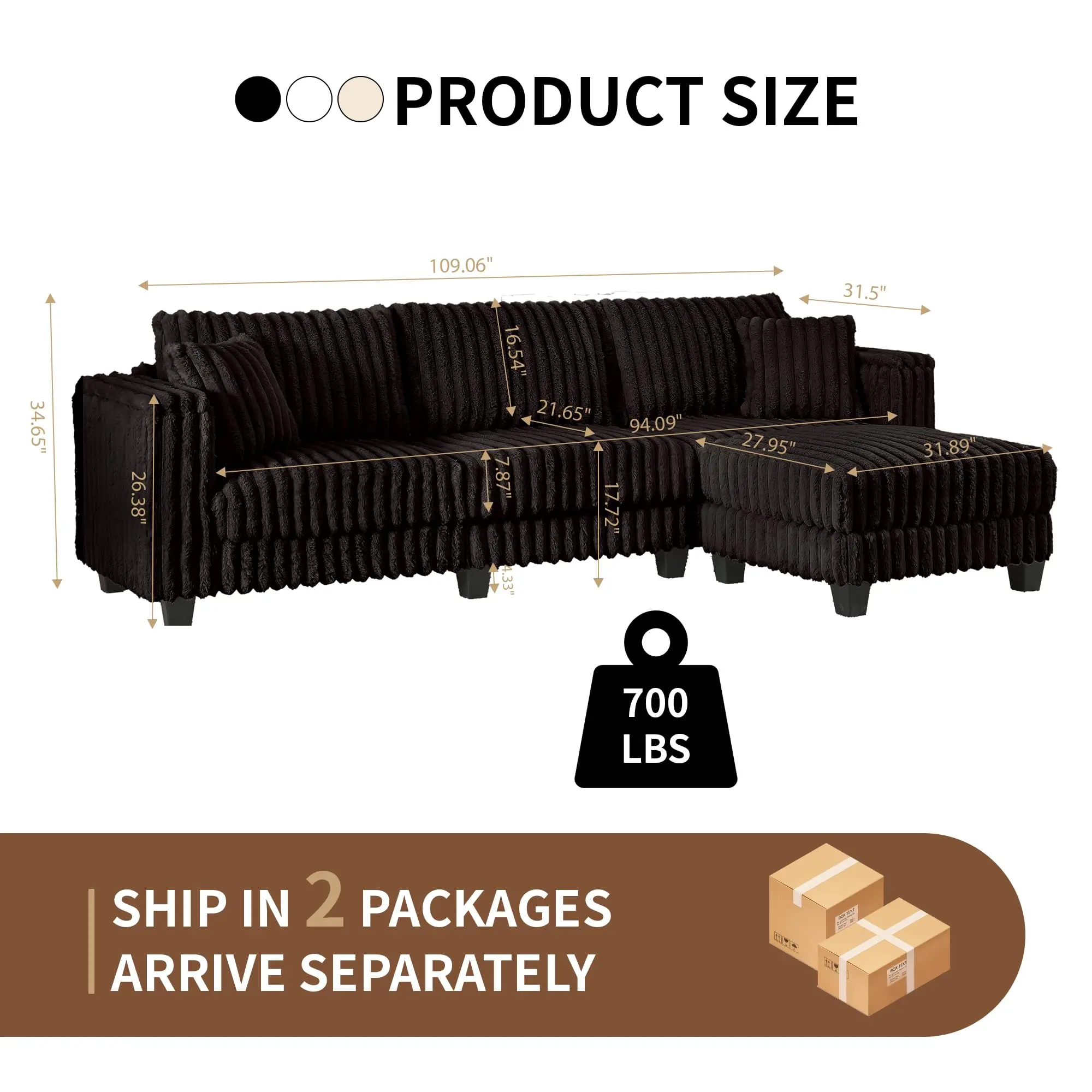 Black Plush Corduroy L Shape Sofa