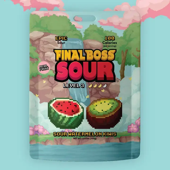Final Boss Sour Level 3 Sour Watermelon Kiwis - Real Dried Fruit, High in Antioxidants, Resealable Pouch, 100 Calories per Serving