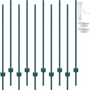 VEVOR 5 Feet Fence Post, 10 Pack T-Post Heavy Duty Metal Fence Posts, Sturdy Steel Fence Stakes for Garden Yard, Lawn, Farms and Outdoor Wire Fencing, Green