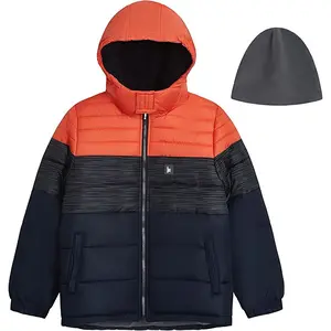 London Fog Boys' Heavyweight Puffer Jacket with Soft-Lined Hood and Fleece Beanie – Orange, 5-6