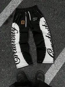 Men's Black White Rhinestone Joggers, Y2K Streetwear Printed Casual Straight Leg Pants