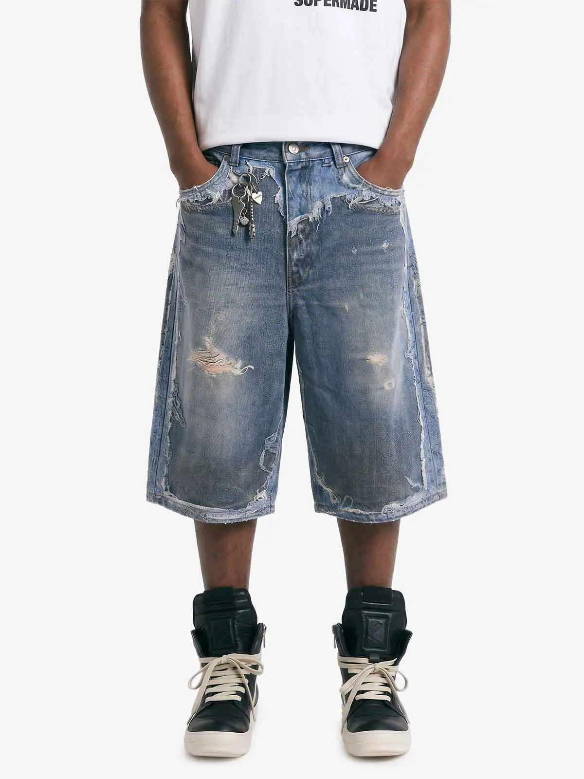 Thesupermade Retro Distressed Denim Shorts | Vintage Washed Wide-Leg Raw Edge Streetwear Short Men Women
