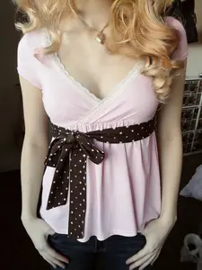 Lace V-Neck Polka Dot Bow Tie T-Shirt Y2K Cute A-Line Casual Spring Summer Short Sleeve Tee Women Harajuku Style