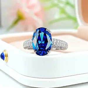 New Oval Sapphire Full Diamond Ring Inlaid with Blue Corundum Elegant Niche Design Versatile Simple Ring