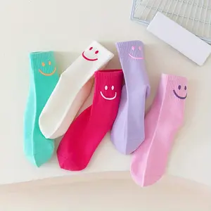 5 pairs of girls cartoon smiley face pattern knitted socks, cotton blend comfortable breathable soft crew socks, suitable for outdoor wear
