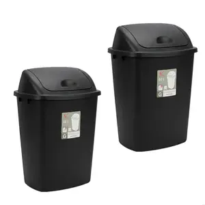 2 Pack of 10.5 Gallon (40L) Swing Lid Trash Can – Durable Black Plastic Kitchen Garbage Bin, Odor-Controlling Flip Top Wastebasket for Home Office Bathroom