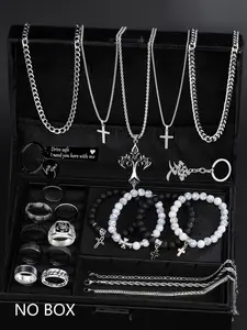 Elegant Cross Pendant Jewelry Set with Necklaces Bracelets and Rings in Stylish Storage Box Perfect Gift for Jewelry Lovers