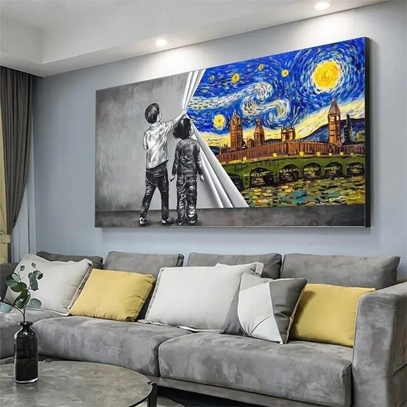 Graffiti Child Uncovered Vincent Van Gogh - Starry Night Oil Canvas Painting Wall Art Picture Décor