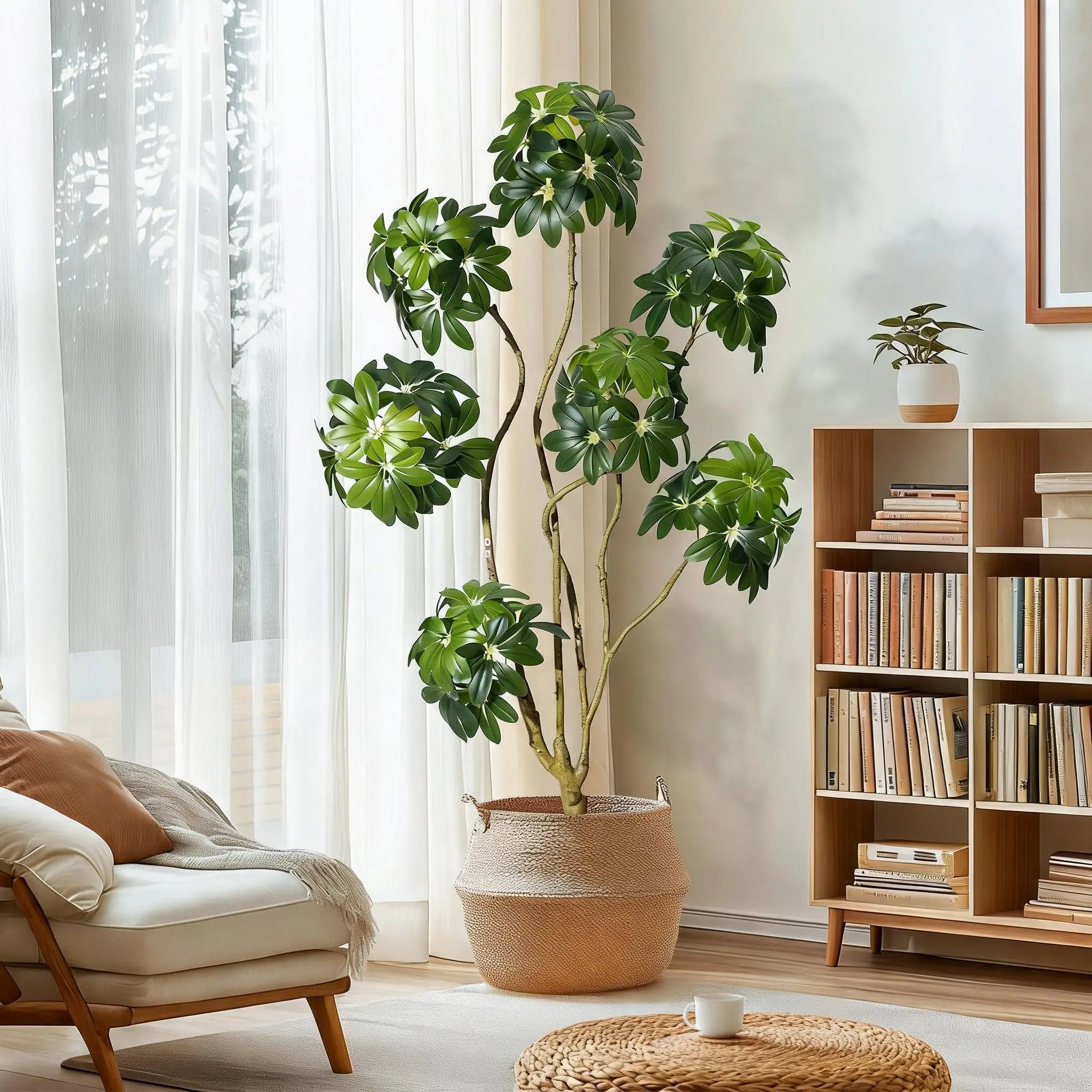 Garvee 5ft Artificial Schefflera Umbrella Tree Indoor Floor Plant, Faux Tree with Multiple Trunks & Real Touch Leaves, Weighted White Planter for Home Office Porch Decor