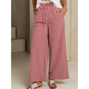 Women’s plaid wide-leg pants, casual loose straight fit, drawstring waist, pockets, home sleepwear, loungewear, spring and fall fashion