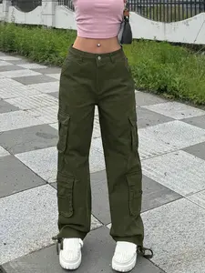 Low Waisted Denim Pants For Women - Mid Waist Loose Fit Work Pants With Drawstring Hem And Multiple Pockets, Casual Work Pants Suitable For Daily Wear