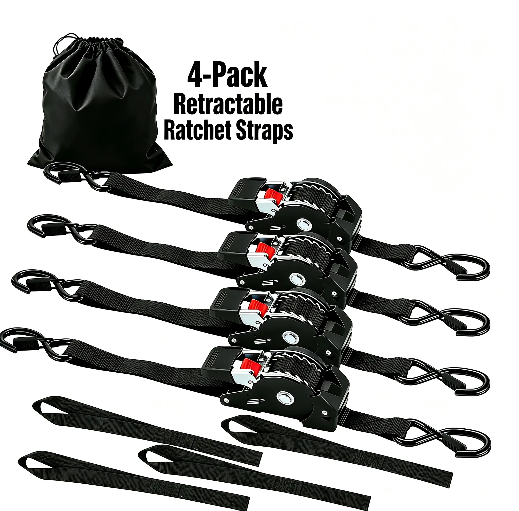 4-Pack Retractable Ratchet Straps  - 1" x 10' (1540lb Break Strength) - Heavy Duty Auto Self Retracting Tie Down Straps for Truck, Trailer, Cargo Van, Motorcycle - Orange