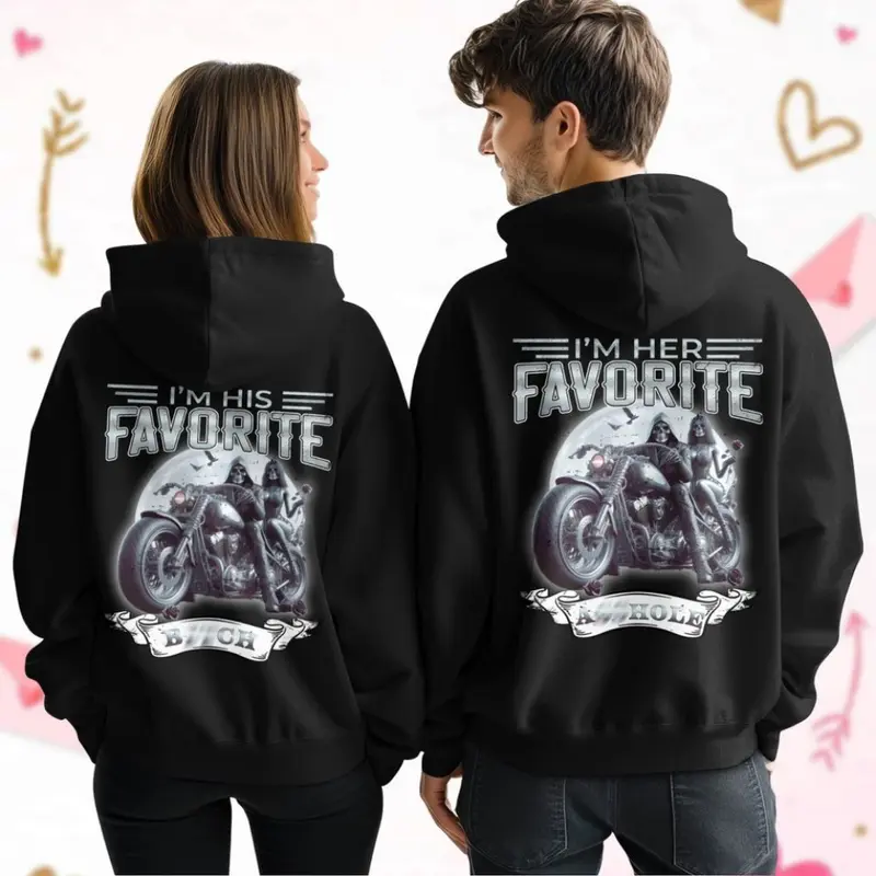 Couple Hoodie – Bold “I’m His Favorite - I’m Her Favorite” Motorcycle Design – Velocity Graphic Shirt – For Couples Who Love Riding Together – Great Gift for Boyfriend, Girlfriend, Anniversaries & Road Trips