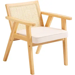 VEVOR Mid Century Modern Rattan Chair, TikTokShopBlackFriday, Upholstered Velvet Accent Chair with Rattan Back, Retro Living Room Chair for Living Room, Bedroom, Reading Room, and Office, Beige