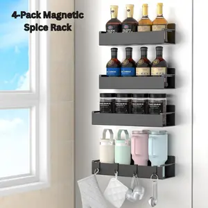 4‑Pack Magnetic Spice Rack for Refrigerator & Oven, Black Kitchen Organizer, Fridge Storage Rack, Space Saving Spice Holder for Cabinets- Easter Gift