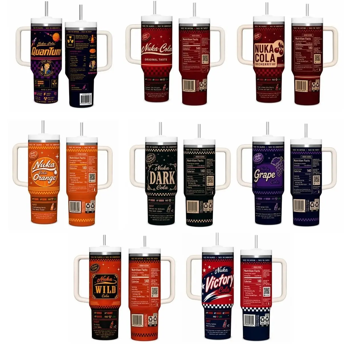 Fallout Nuka-Cola Flavor Collection 40oz Insulated Stainless Steel Tumbler with Handle & Straw - Choose Quantum, Original, Cherry, Dark, Grape, Orange, Wild, or Victory Nutrition Facts Label Design