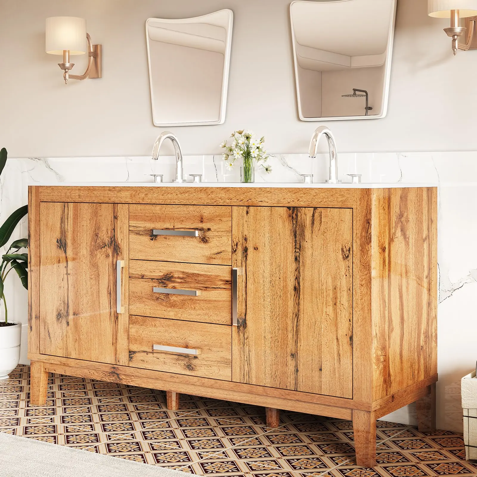 AMERLIFE 60" Double Bathroom Vanity with Sink, High Gloss Woodgrain Bathroom Storage Cabinet with 3 Hole Sink & & Drawers, Bath Vanity with 2 Soft Close Doors, Yellow Oak, Oak Floor Cabinets, Wood-Finished Floor Cabinets