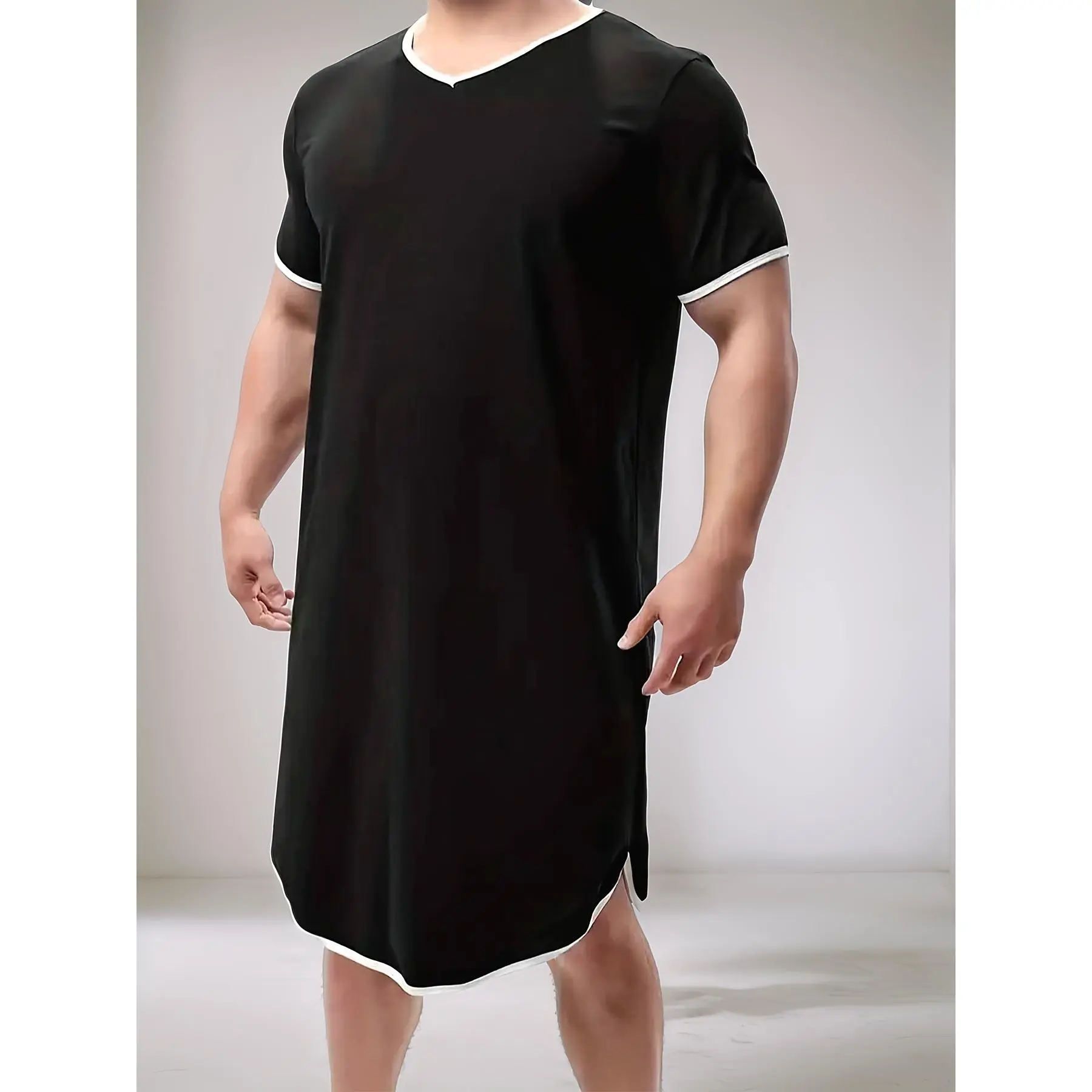 Men's Short-Sleeve Geometric Pattern Polyester Blend Round Neck Pull-On Nightshirt, Regular Fit Menswear Loungewear Top, Size M