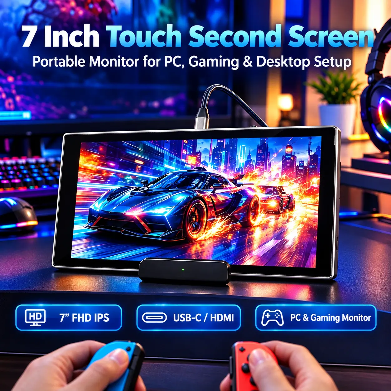 PC Hardware Monitor 7 Inch FHD Touchscreen Display, 60Hz IPS Ultra Slim Portable Second Screen, USB-C HDMI Gaming Mini Monitor for Desktop Setup Laptop Console