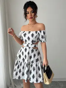 Spring Summer Beach Vacation Pattern One Shoulder Off-Shoulder Bubble Sleeves Waist Cutout Tie Mini Dress