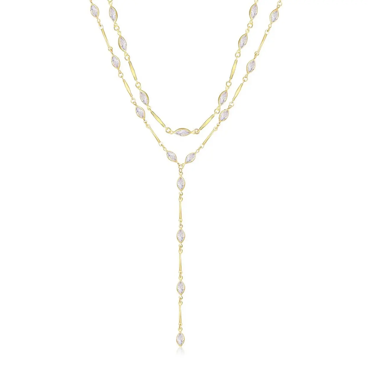 PreciiRealm 14K Gold Necklace for Women Trendy Lariat Y Necklace , Gold Cubic Zirconia Long Necklace, Layered Beaded Drop Necklaces Simple Y-Shaped Chain Jewelry Gifts