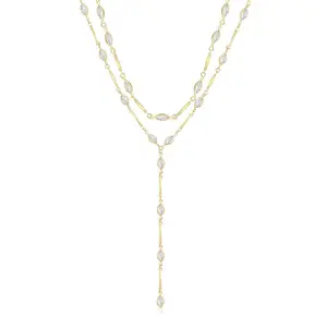 PreciiRealm 14K Gold Necklace for Women Trendy Lariat Y Necklace , Gold Cubic Zirconia Long Necklace, Layered Beaded Drop Necklaces Simple Y-Shaped Chain Jewelry Gifts