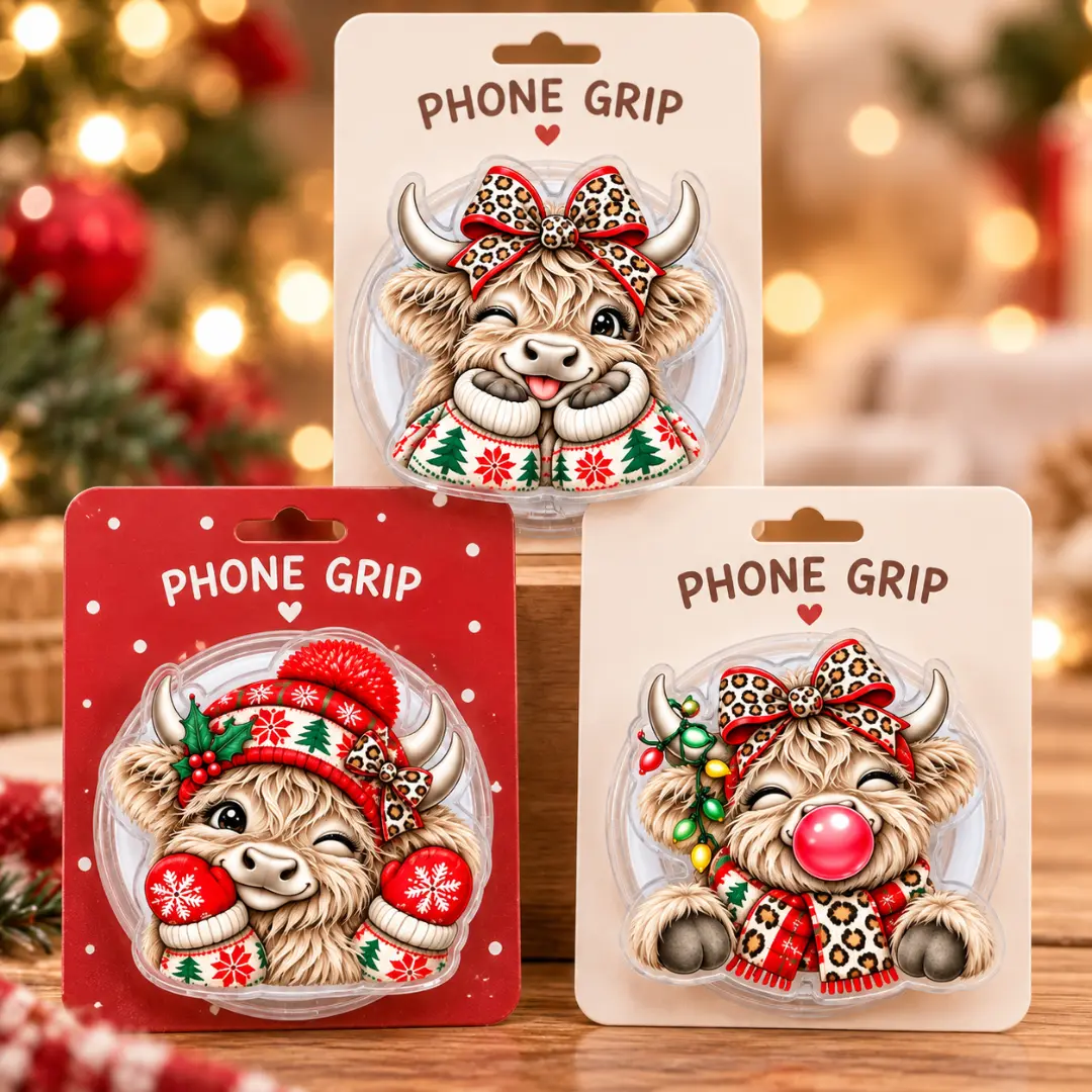 Cute Christmas Highland Cow Acrylic Phone Grip Collapsible Expanding Finger Stand Leopard Bow Beanie Bubblegum Cattle Stocking Stuffer Gift for Women