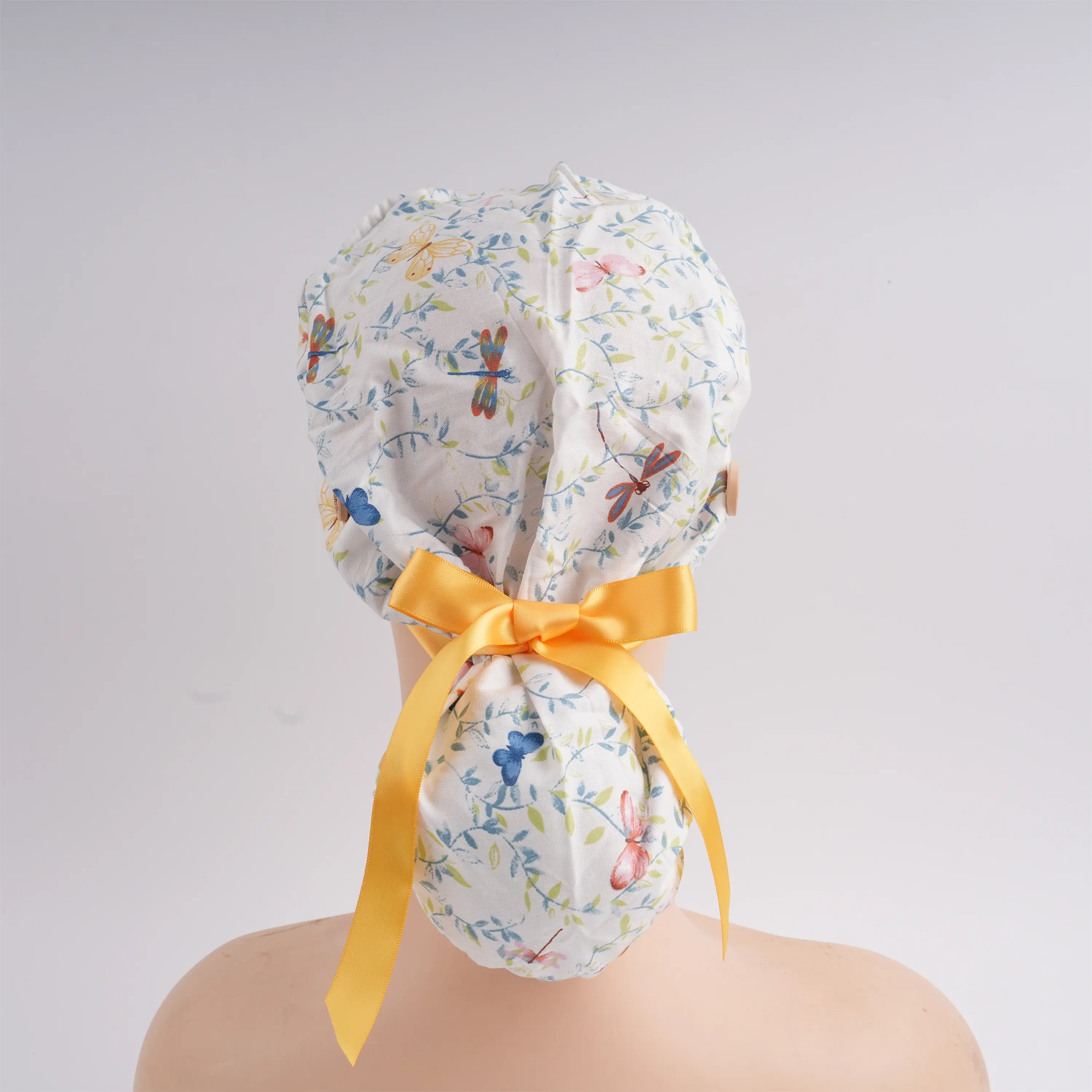 Dragonfly Plant Print Ponytail Surgical Hats for Long Hair,Nurse/Vet Hat with Botton,Birthday GIfts,Fall