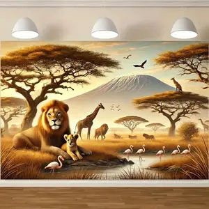 60in x 40in African Savannah Lion and Cub Sunset Background Fabric, 1pc, Polyester, Wall Hanging Decor for Living Room Bedroom Office Home/Outdoor Decor/Room Decor/Party Decor, Festive Gift, No Power Required