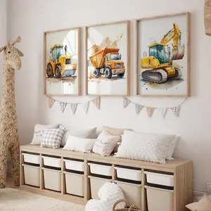 Cartoon Construction Truck Pattern Unframed Painting, 3 Counts/set Canvas Wall Art, Unframed Art Print, Wall Decor for Home Living Room Bedroom Study Room, Ornaments