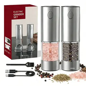salt and pepper grinder with base and large capacity - LED light, adjustable grinding thickness, one-button one-hand operation, significantly upgraded, suitable for kitchen use. 2-piece seasoning set, also an ideal gift Electric Salt Pepper Grinder Set Re
