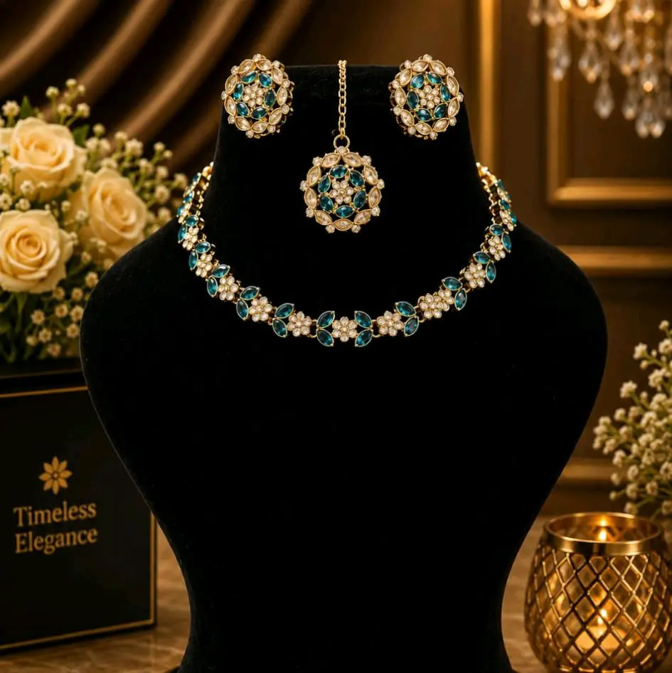 Classy 3-Piece Shadow Stone Jewelry Set, Including Stud Earrings and Tikka