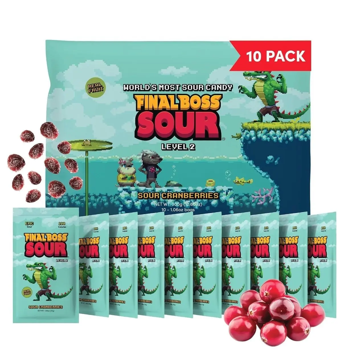 Final Boss Sour Candy, Sour Cranberries, 10 Pack, Level 2, Fruit Chews with Real Dried Fruit, No Artificial Colors or Flavors, Low Calorie Snack for Kids, Teens, Adults, Lunch Boxes