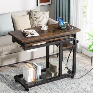 212 MAIN C-Shape Height Adjustable Desk for Home Office - Metal Frame Rolling Desk with Locking Casters, 28-39.3 in. Height Range, Power Outlet, USB Ports, Keyboard Tray, Rustic Brown Portable Commercial Office Furniture