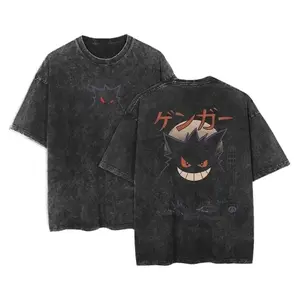 Retro Vintage Gengar The Shadow Ghost Pokemon Anime Double Printed Oversized Washed T-Shirt Unisex Mineral Anime Manga Washed Heavy Cotton T-shirt, Gift For Anime Fan, Anime Lover