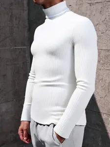 Men's High Neck Pullover Sweater, Slim Fit Knitwear, Casual Striped Design, Comfortable Warm Daily Wear, Fall & Winter Fashion