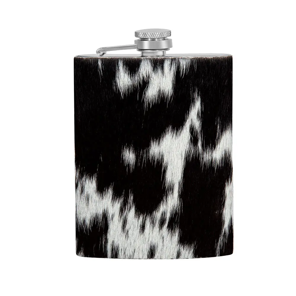 Myra Stainless Steel Hip Flask with Cowhide Leather Wrap, Classic Beautiful Hide-Hair-On Hide Covering, Permanently Attached Screw-On Cap for Western Travel