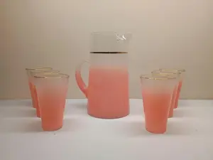 Blendo Pink Ombre Pitcher & 6 Glasses Set Gold Rim Retro MCM West Virginia Glass